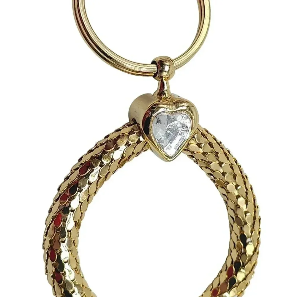 Clear Rhinestone Heart Metal Mesh Round Keychain Gold Tone Vintage